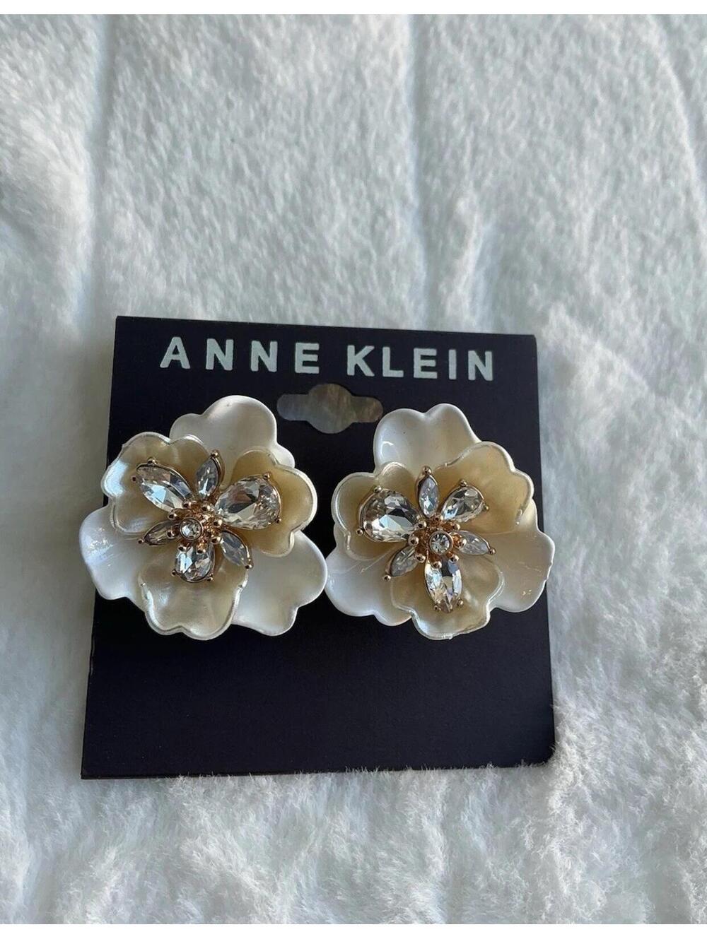 Anne Klein Gold Tone Crystal White Flower Button Statement Earrings NWT